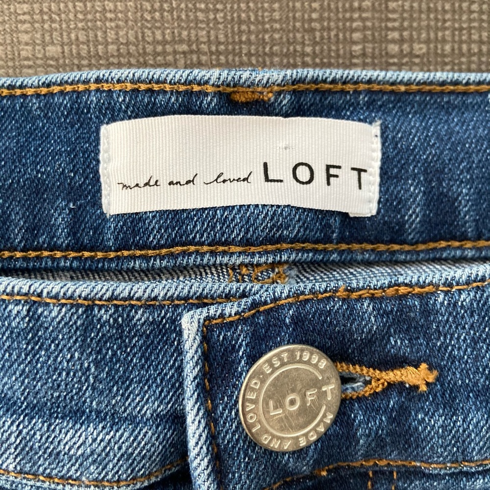 Loft distressed denim shorts, dark wash.